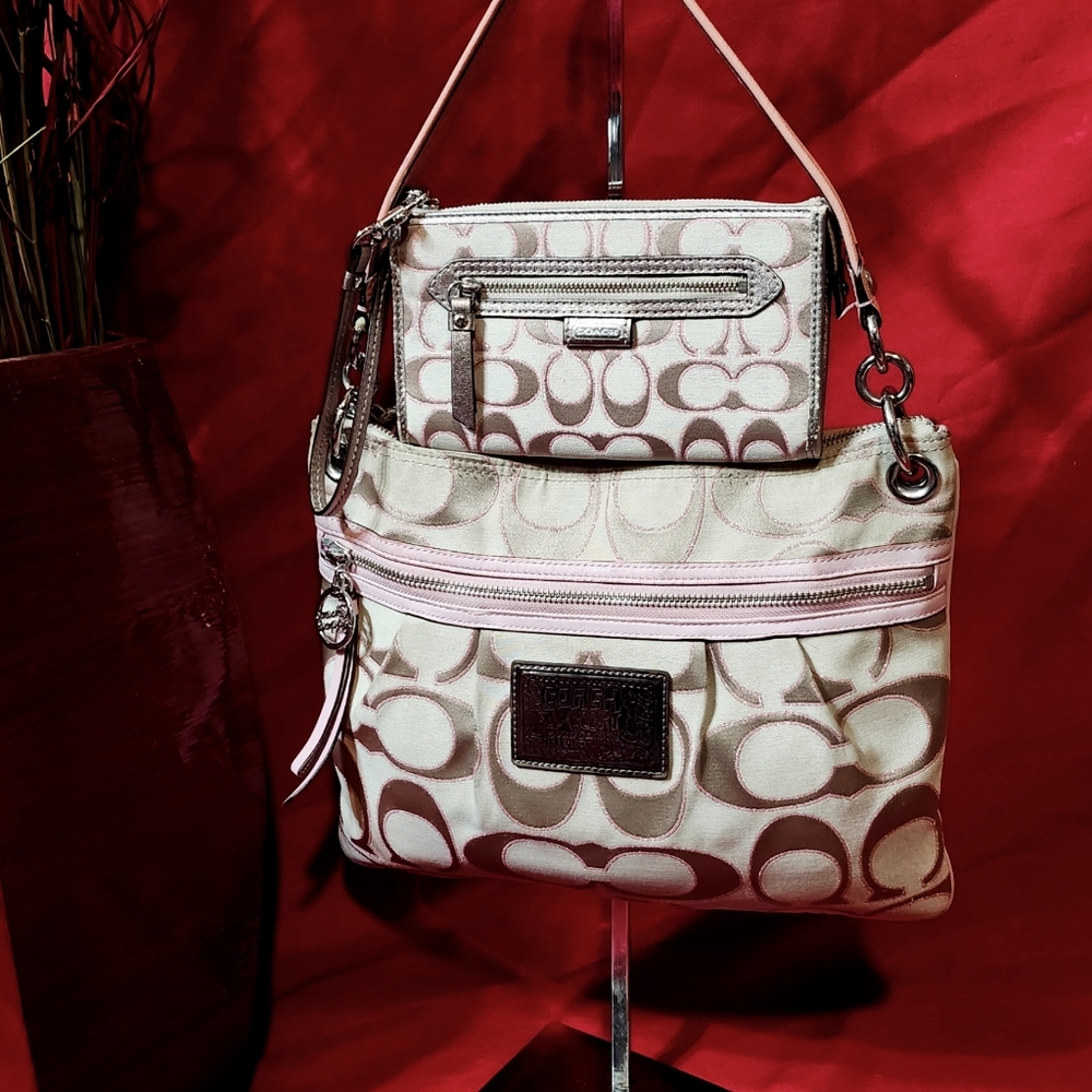 Beige and Pink Signature Coach Bag & Wallet Set